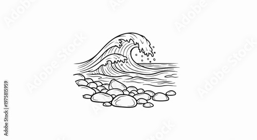 Stylized line art depicts a breaking ocean wave cresting over smaller waves near a rocky shore
