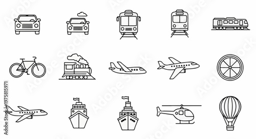 Simple line art icons depict various modes of transportation