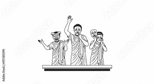 Ancient Greek actors with tragic and comic masks stand on a stage