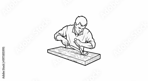 A person chisels a wooden plank