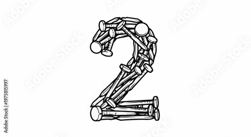 Stylized numeral 2 formed from metallic nails on a white background