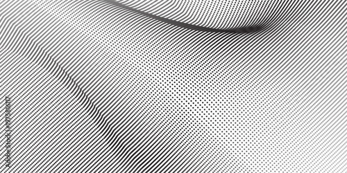 Flowing dots particles wave pattern 3D curve halftone black gradient curve shape isolated on white background.