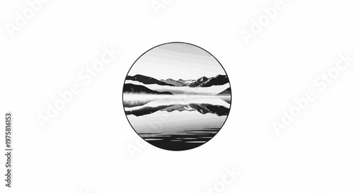 Black and white circular graphic of mountains reflected in a lake