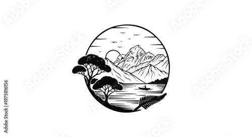 Serene mountain lake scene with a lone canoeist and trees