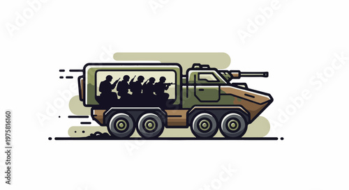 Armored vehicle transports armed soldiers forward with a sense of urgency