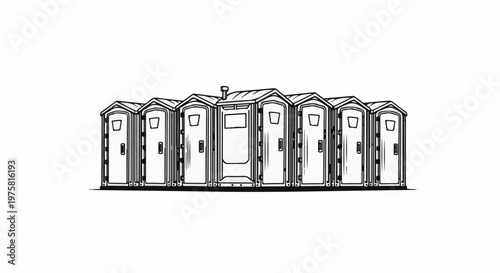 A row of identically designed portable toilets drawn with black outline on white