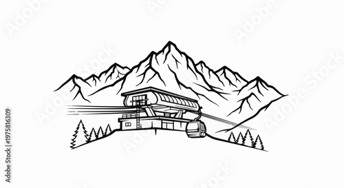 Black and white sketch of a cable car station nestled below jagged mountain peaks