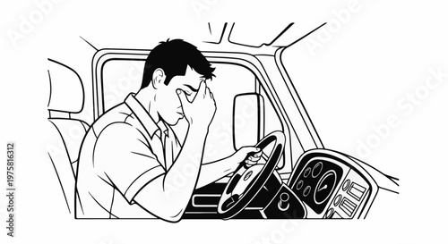 Exhausted man rubbing eyes in truck cabin at steering wheel