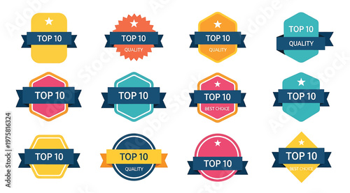Set of colorful top 10 quality and best choice badges and labels