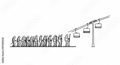 Skiers in line at a ski lift, a basic line drawing illustration