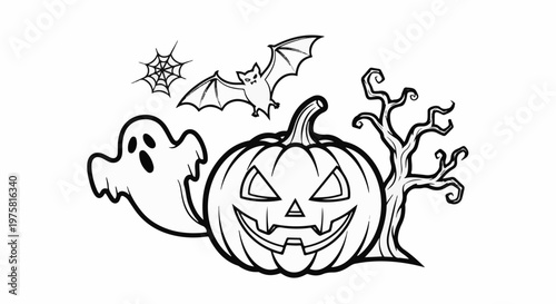 Spooky Halloween scene with a carved pumpkin, ghost, bat, spiderweb and dead tree