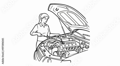 Person checking oil in a car engine, hood open