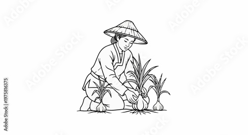Person in conical hat tending to plants with bulbs and leafy tops