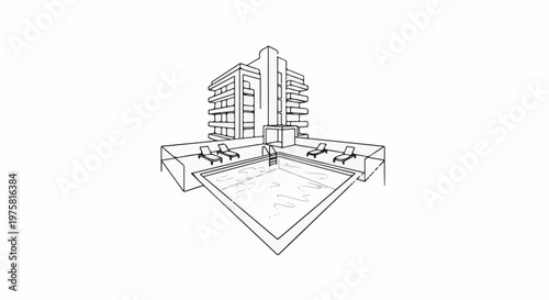 Sketch of a modern building with balconies and an inviting swimming pool