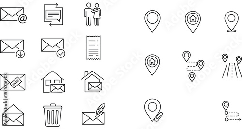 Email and location line icon set with message delivery navigation pins and communication symbols thin outline vector collection