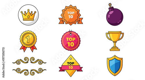 Collection of award icons, top 10 labels, and decorative elements