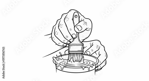 Close-up of hands dipping a paintbrush into a paint can with splatters