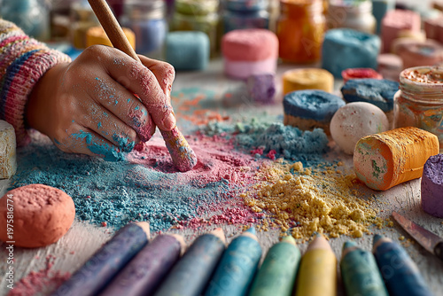 Hands working with colorful pastel sticks, blending and creating textures, sensory art experience.