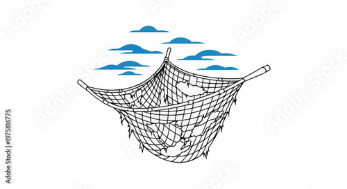 A tattered net hangs in the sky with fluffy clouds