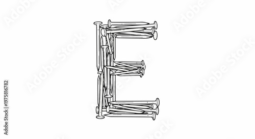Sharp metal objects form letter E on white background