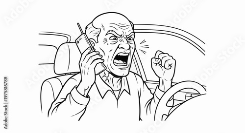 Angry man yelling on phone while driving car, clenching fist in frustration