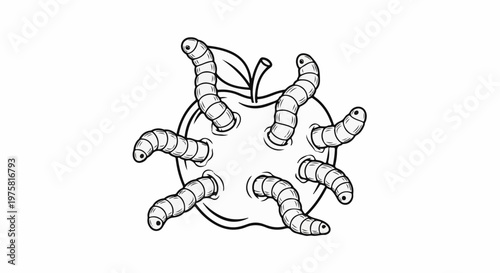 Numerous segmented worms burrow into a stylized apple, creating holes