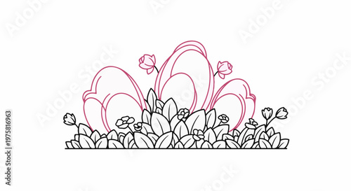 Stylized blooming plants with soft pink outlines and intricate foliage