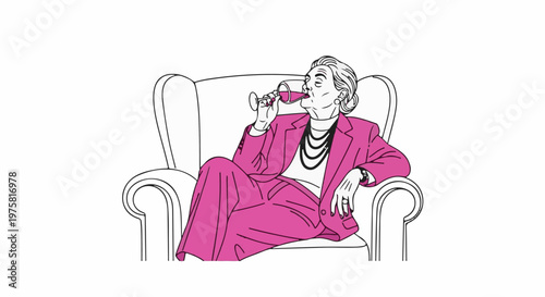 Elegant woman in pink suit reclines in armchair, sipping wine