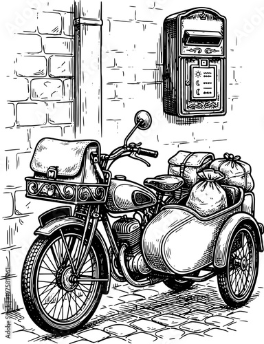 Vintage Black and White Line Art Illustration of Classic Motorcycle with Sidecar and Mail Bags Parked by Brick Wall and Post Box - Retro Stock Vector for Postal and Espionage Themes