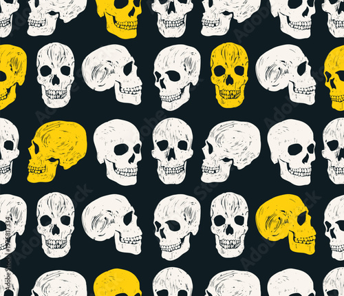 Seamless pattern of white skulls. Concept Halloween. Background with funny body parts. Spooky pattern for Halloween on black backdrop. Holidays vector elements with skulls. Hand drawn brush style.