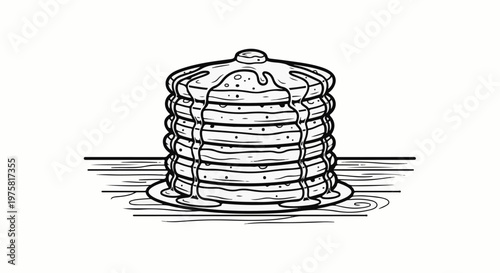 Stack of fluffy pancakes drizzled with syrup on a wooden surface