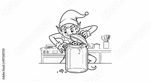 Elf opening jar of cookies in kitchen