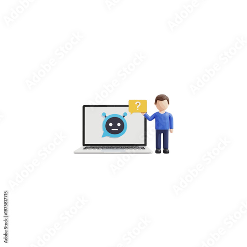 Man Asking Question to Chatbot AI Assistant on Laptop Screen, Seeking Information and Support Concept on Isolated White Background.