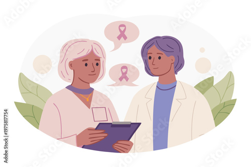 Two women discussing breast cancer awareness with a pink ribbon symbol