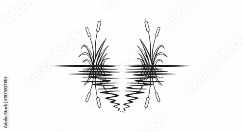 Mirror image of cattails and leaves reflected on water ripples