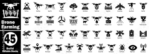 Drone farming icons set with various solid agricultural technology.