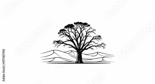 Silhouette of a barren tree atop rolling desert dunes against white background