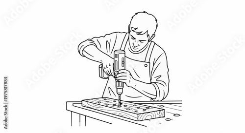 Person using a cordless drill to make holes in a wooden plank