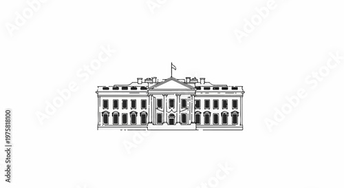 Line drawing of a large, classical building with columns and a flag