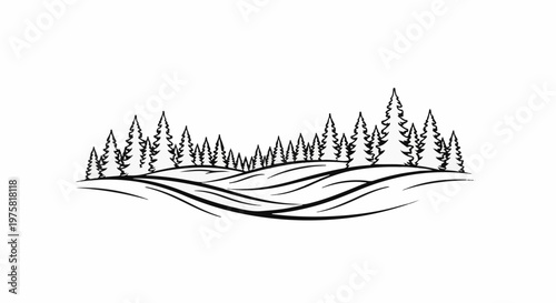 Line art of evergreen trees on rolling hills against a white background