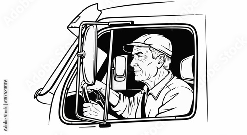Elderly truck driver in cap grips steering wheel in side view
