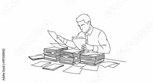 Man in shirt and tie looking at stacks of paperwork on desk
