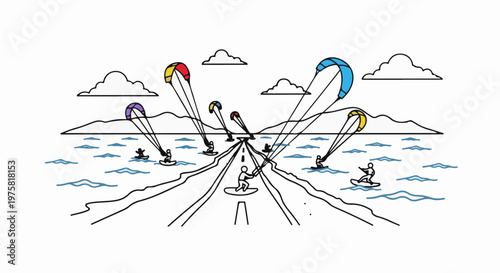 A surreal landscape depicts kite surfers on a road meeting the sea