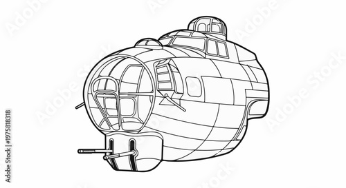 Line art of a historic bomber aircraft with a glass nose and gun turrets