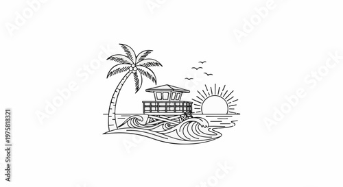 A tropical beach scene with a lifeguard tower, palm tree, crashing waves, and setting sun
