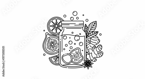 Line drawing of a glass jar with refreshing fruit, ginger, and mint infusion