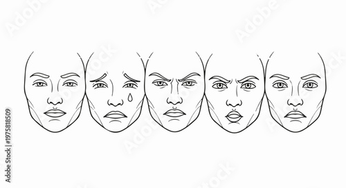 Five distinct facial expressions ranging from neutral to intense emotion