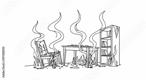 Line drawing of a room on fire, with a burning chair, desk, and bookshelf