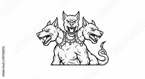 Ferocious three-headed canine creature with bared teeth and spiked collar