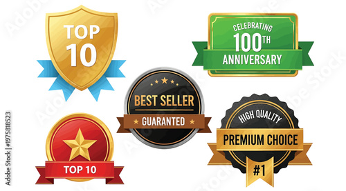 Award-style vector badges set featuring gold shield with ribbon, anniversary celebration emblem, bestseller guarantee seal, premium choice label, and top 10 star design for marketing and recognition